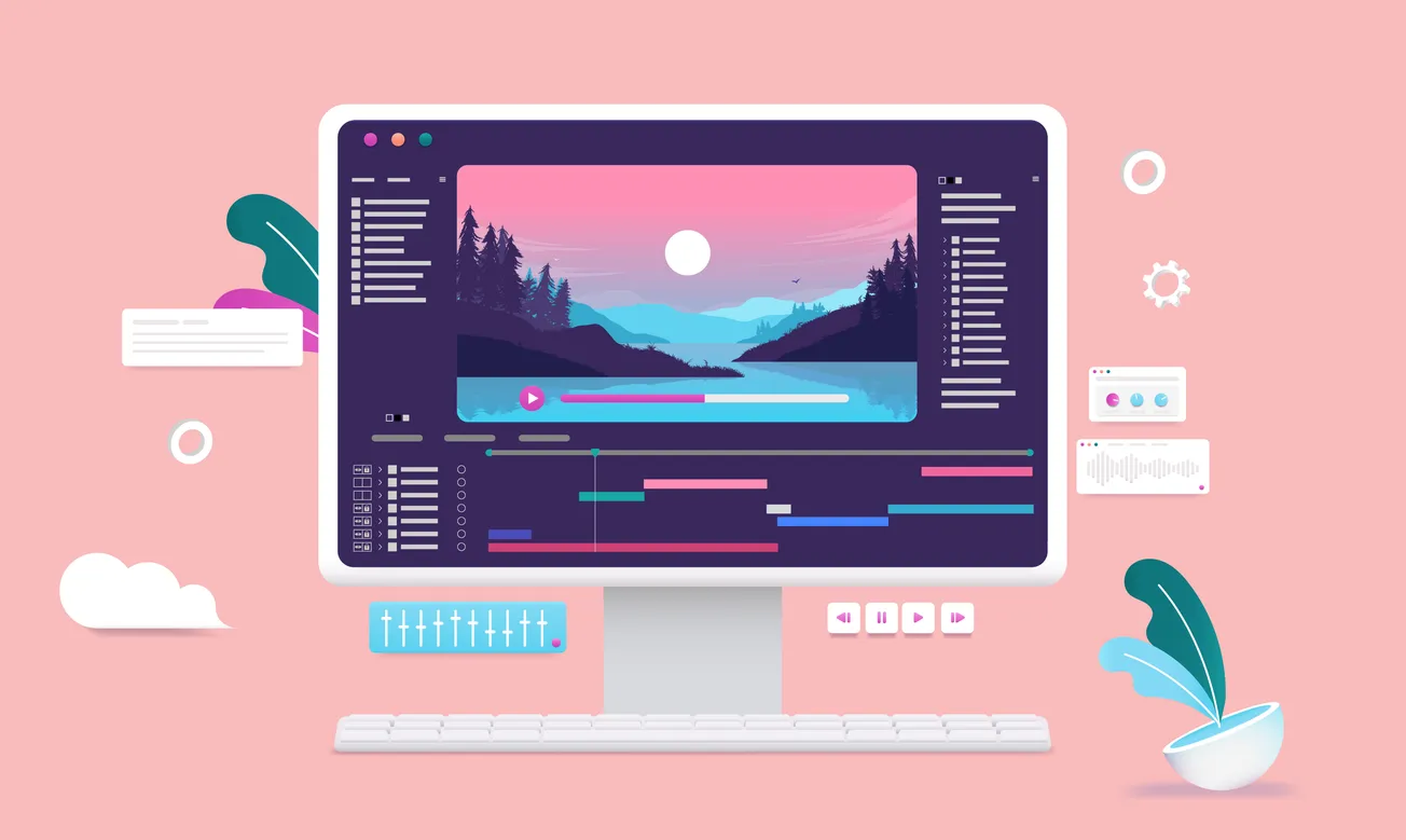 Audio mixing and editing software displayed on desktop Pwith waveforms, tracks, and creative tools. Modern home studio and online media production concept.