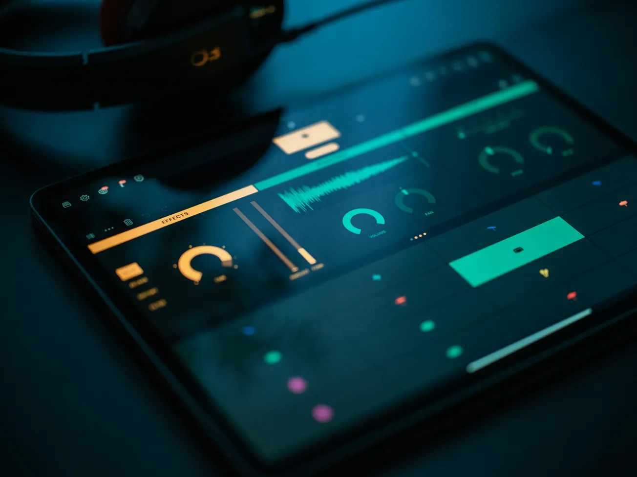 A tablet screen displays a digital audio workstation with waveforms, dials, and a calming teal-blue glow, conveying a tech-savvy, creative atmosphere.