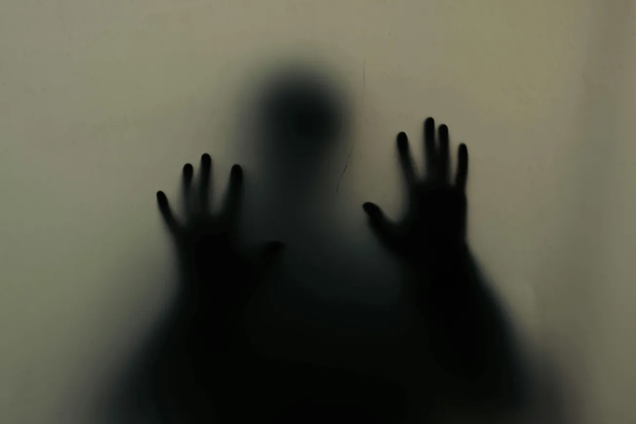Silhouette of a person with hands pressed against frosted glass, creating a haunting and mysterious atmosphere. The background is softly lit.