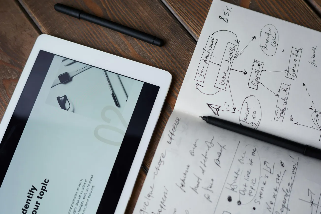 Tablet displaying "Identify your topic" next to a notebook with hand-drawn flowcharts and notes, set on a wooden table with pens, creating a focus on planning and brainstorming.