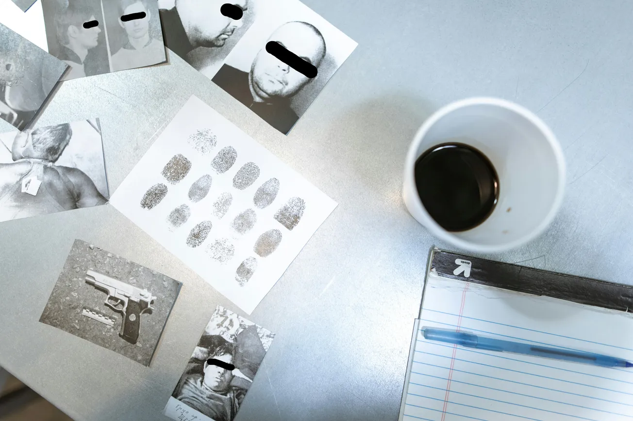 A desk with crime investigation materials: fingerprint sheet, photos with blacked-out eyes, an image of a gun, a cup of coffee, and a notepad with a pen.
