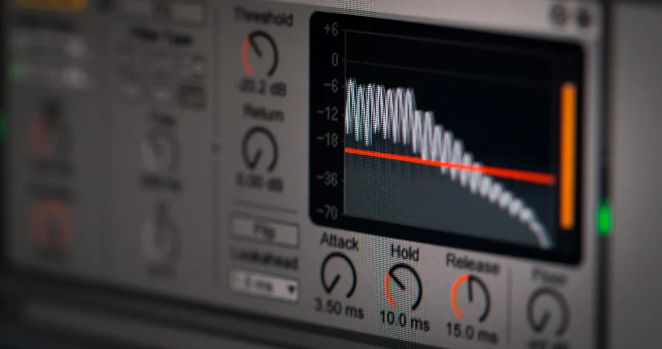 Close-up of an audio mixing software interface displaying a sound wave with sliders and dials. The screen is lit with a modern, high-tech feel.