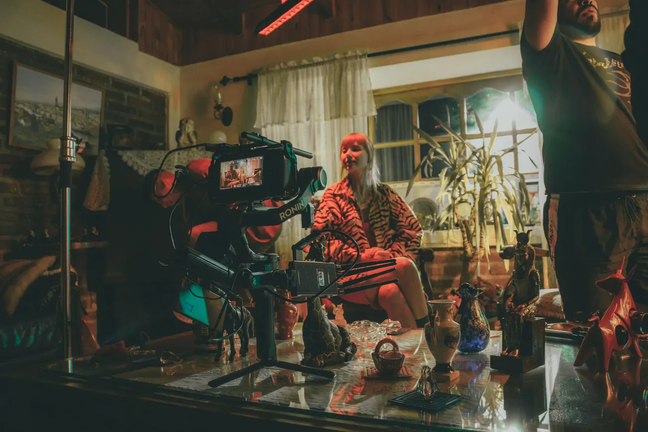 Cozy room scene with a woman in a zebra-striped outfit being filmed. Cameras and crew surround her, creating an artistic and focused atmosphere.