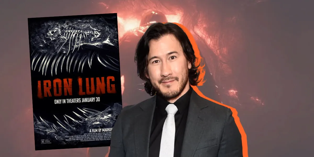 Markiplier in a suit and tie stands smiling against a dark, ominous background. Beside him is a movie poster for "Iron Lung," featuring skeletal imagery and a release date of January 30.