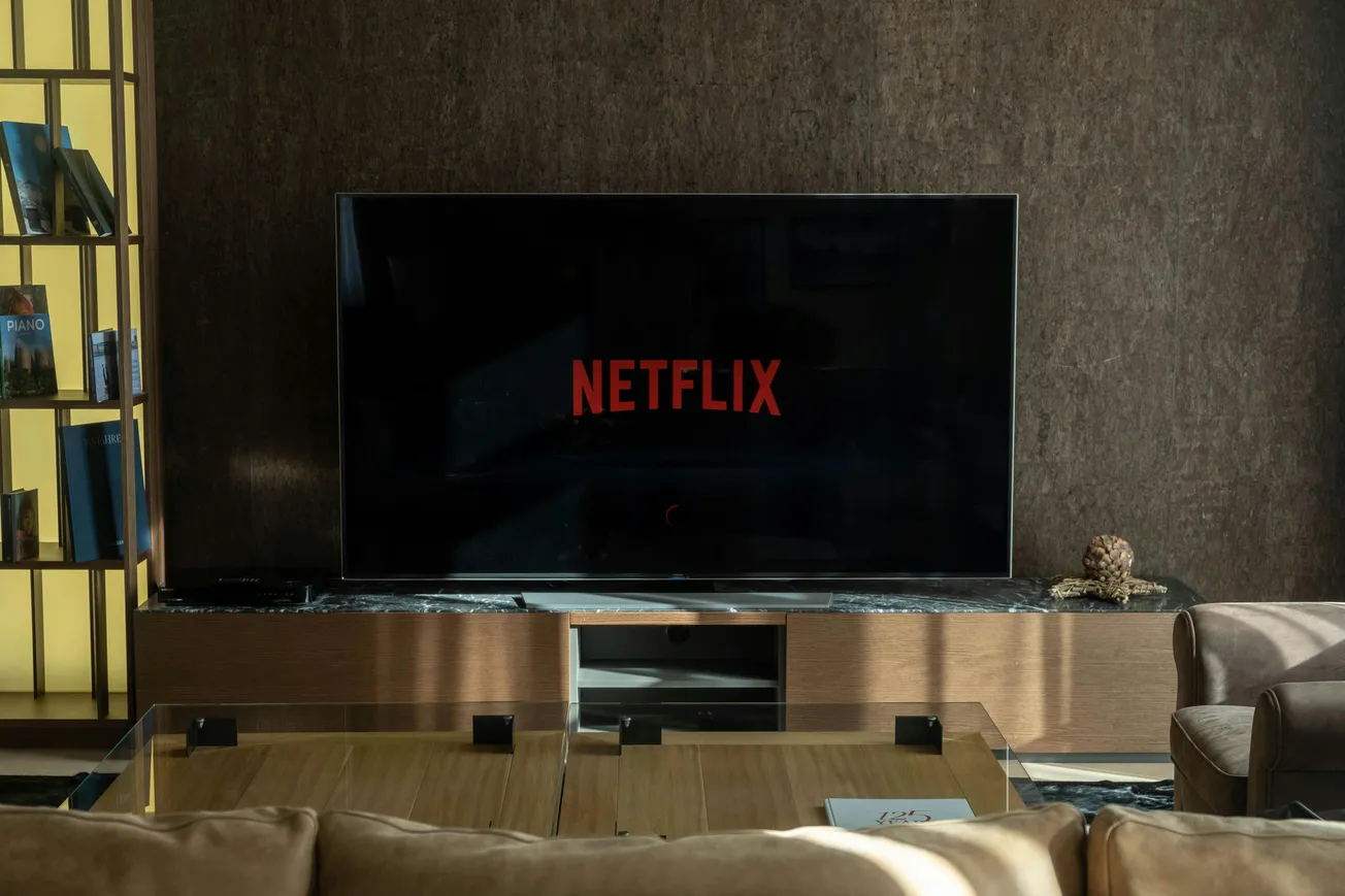 Living room with a flat-screen TV displaying the Netflix logo. Modern decor includes a bookshelf and couch, creating a cozy, inviting atmosphere.