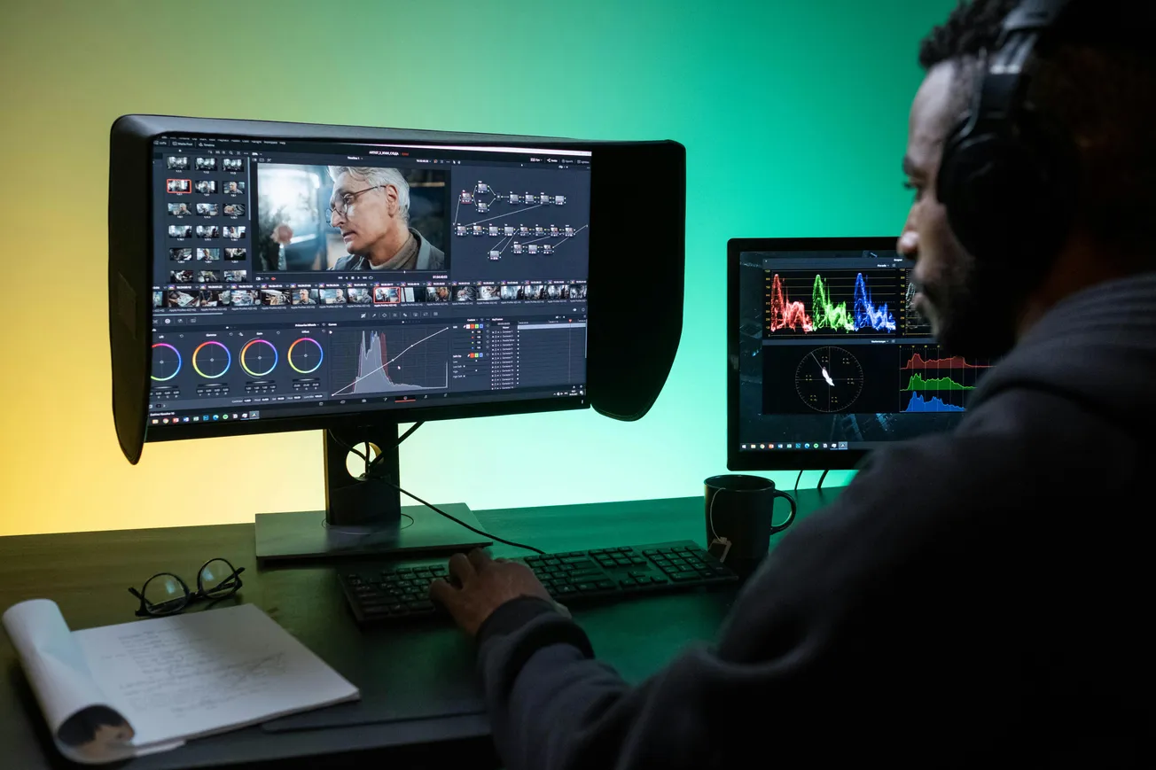 A person wearing headphones edits video on dual monitors in a dimly lit room. Screens display editing software with color graphs. The mood is focused.