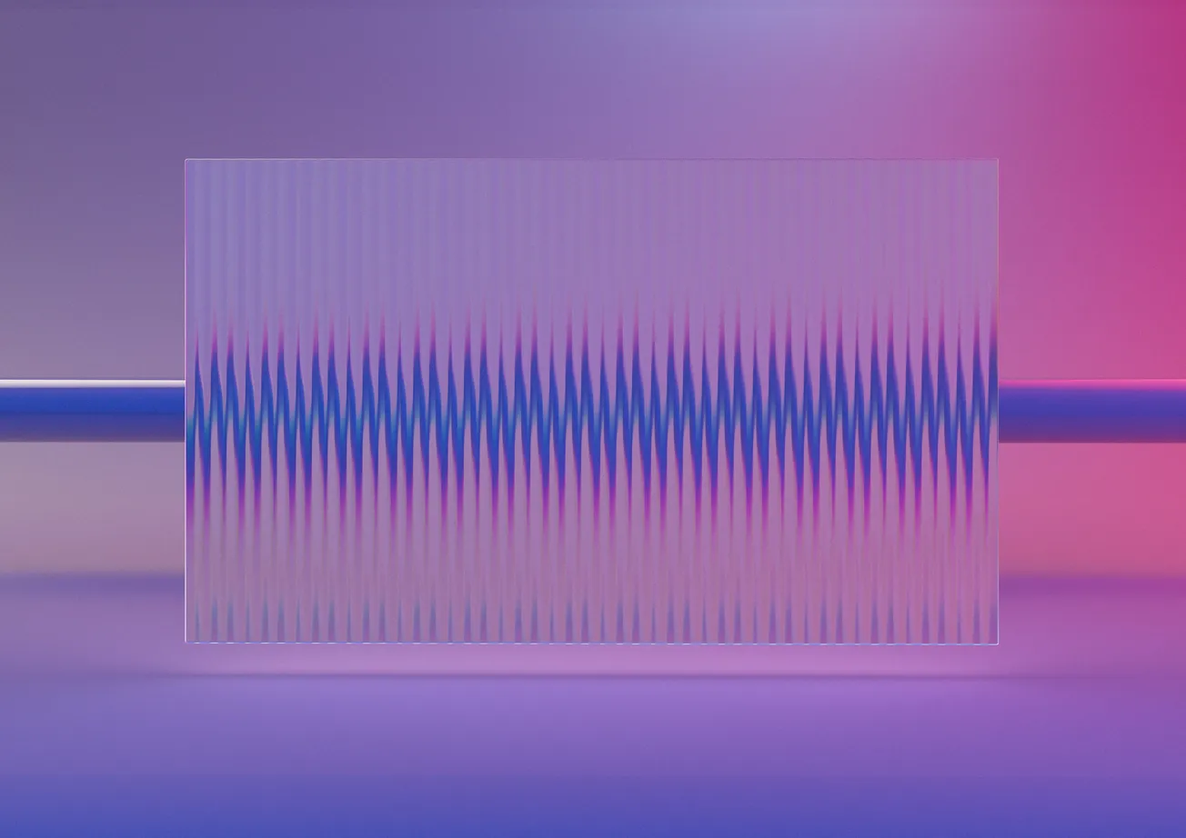 An abstract image with a glass panel featuring a wave pattern in blue and pink hues on a purple background. The lighting creates a serene, futuristic feel.