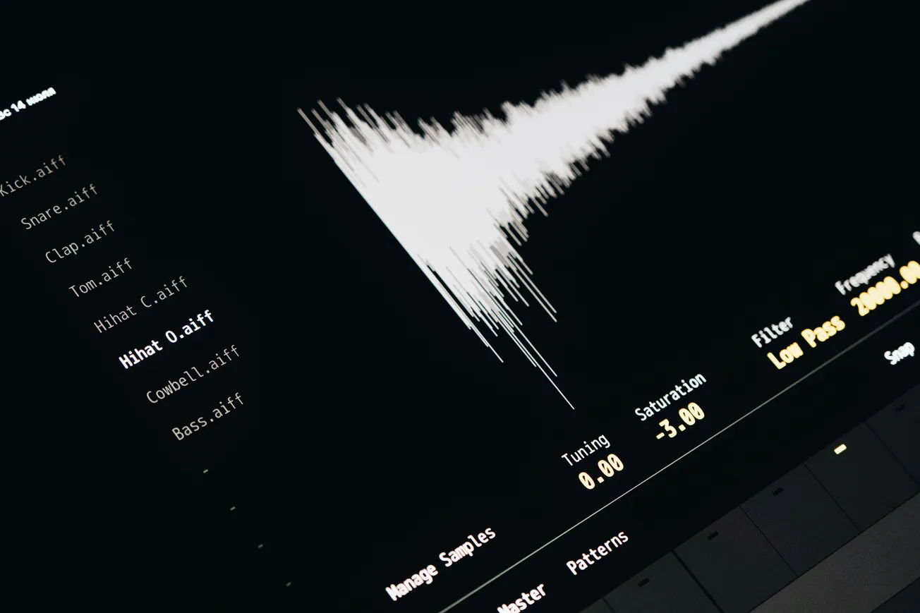 Close-up of a digital audio editing software interface displaying a waveform and audio file list. The mood is technical and focused.