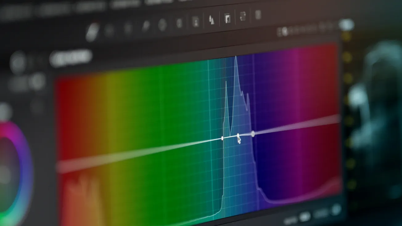 Color grading software interface showing a vibrant spectrum graph from green to purple with peaks. The tone is technical and focused.
