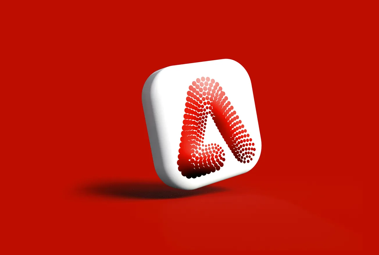 3D Adobe logo in red dot pattern on a tilted white square, set against a bold red background, conveying a modern and dynamic feel.