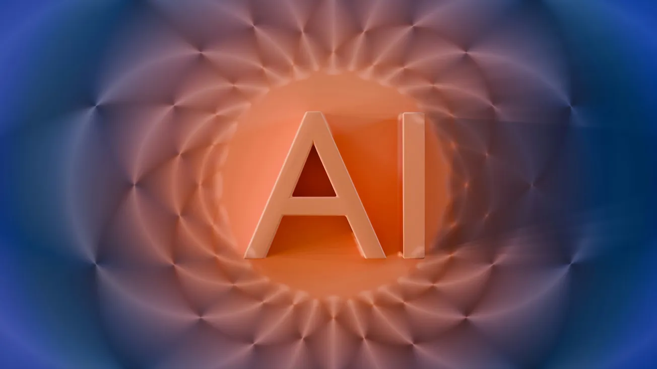 The image features the letters "AI" in bold orange, centered against a backdrop of radiating, blurry blue and orange patterns, creating a futuristic feel.