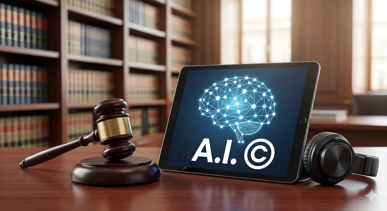 A tablet displaying a brain network labeled "A.I ©" sits on a wooden desk in a law library. Nearby are a judge's gavel and black headphones.