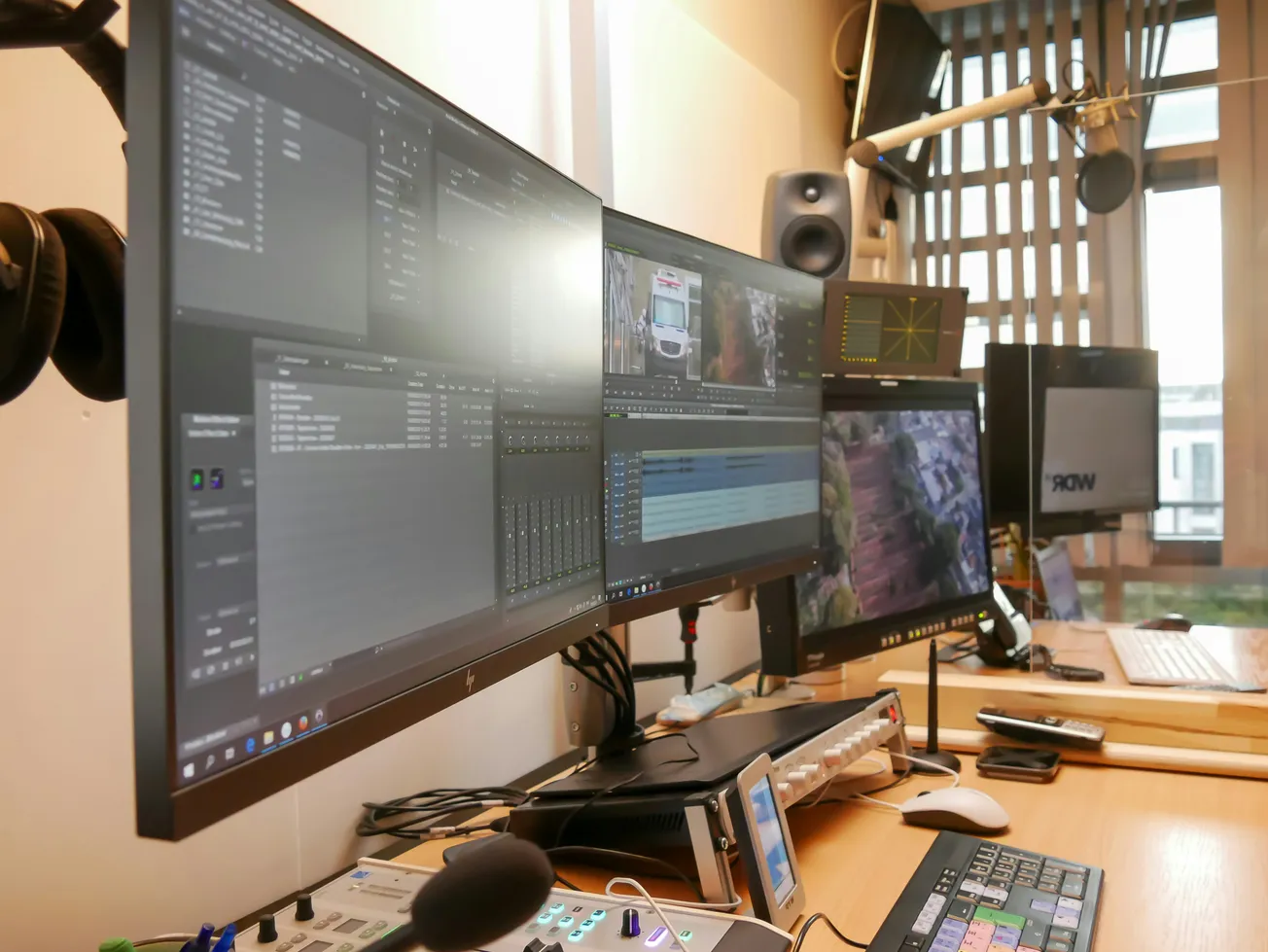 A professional editing studio setup with multiple monitors displaying video editing software. The space is equipped with audio speakers and a control panel on a wooden desk.