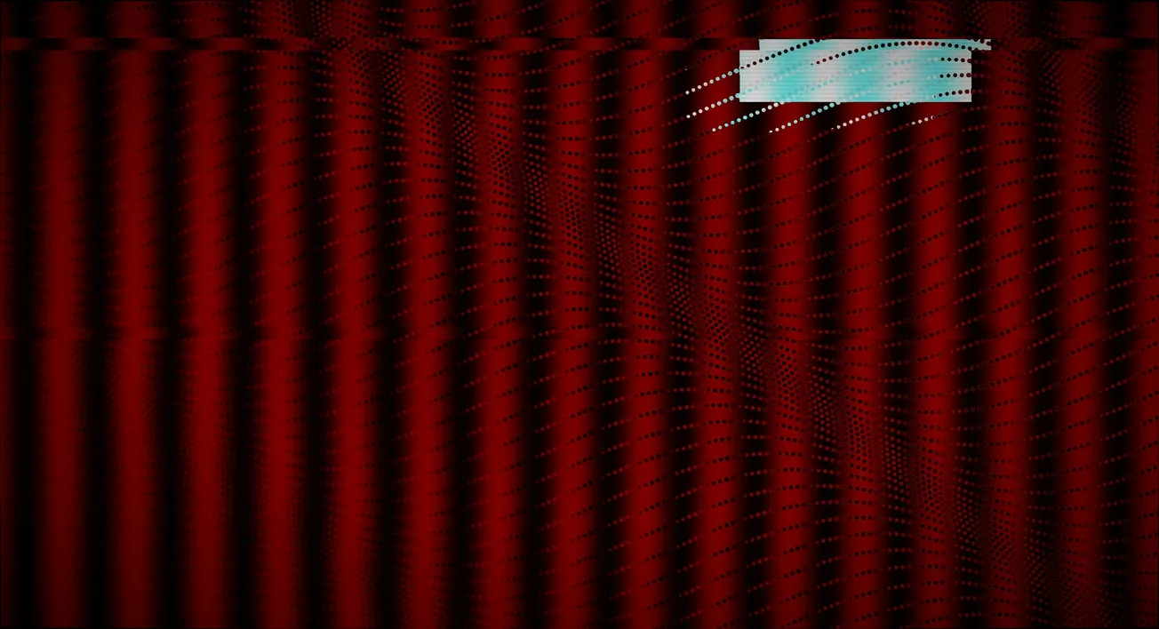 An abstract digital illustration featuring dark red vertical stripes overlaid with waves of fine dots and a bright blue-white glitch rectangular block in the upper right.