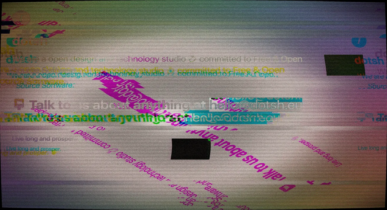 A digital glitch art image with distorted, overlapping text in vibrant colors like pink, green, and blue on a textured background, conveying chaos and confusion.