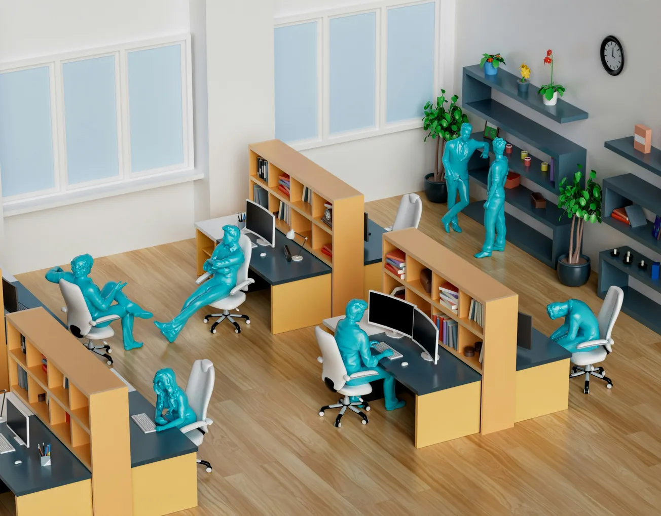 A modern office space with blue mannequin figures working at desks with computers. Some are seated, others engaged near bookshelves. The scene feels collaborative.