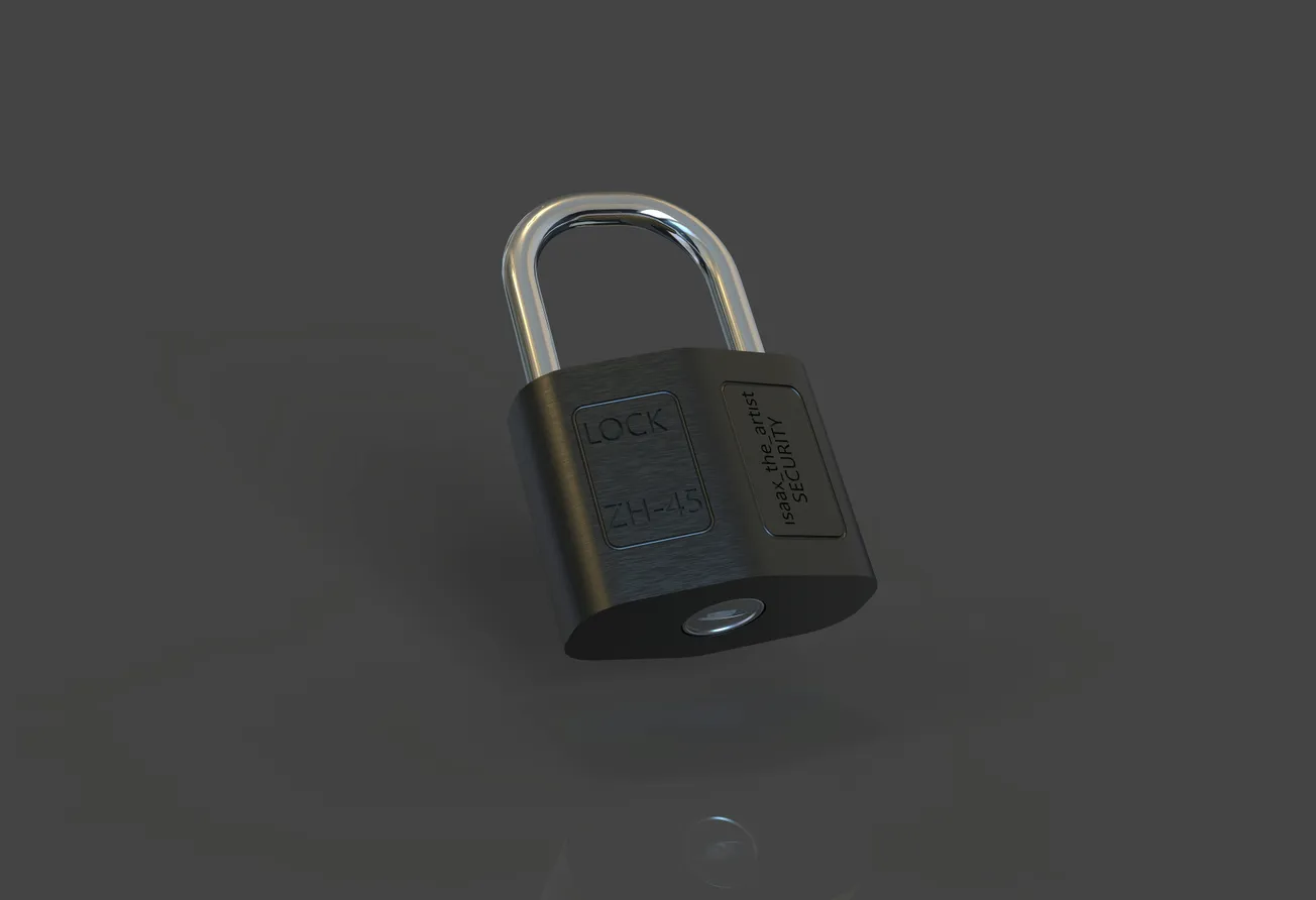A black padlock with a shiny metal shackle against a dark gray background. The padlock appears slightly tilted, giving a secure and strong feel.