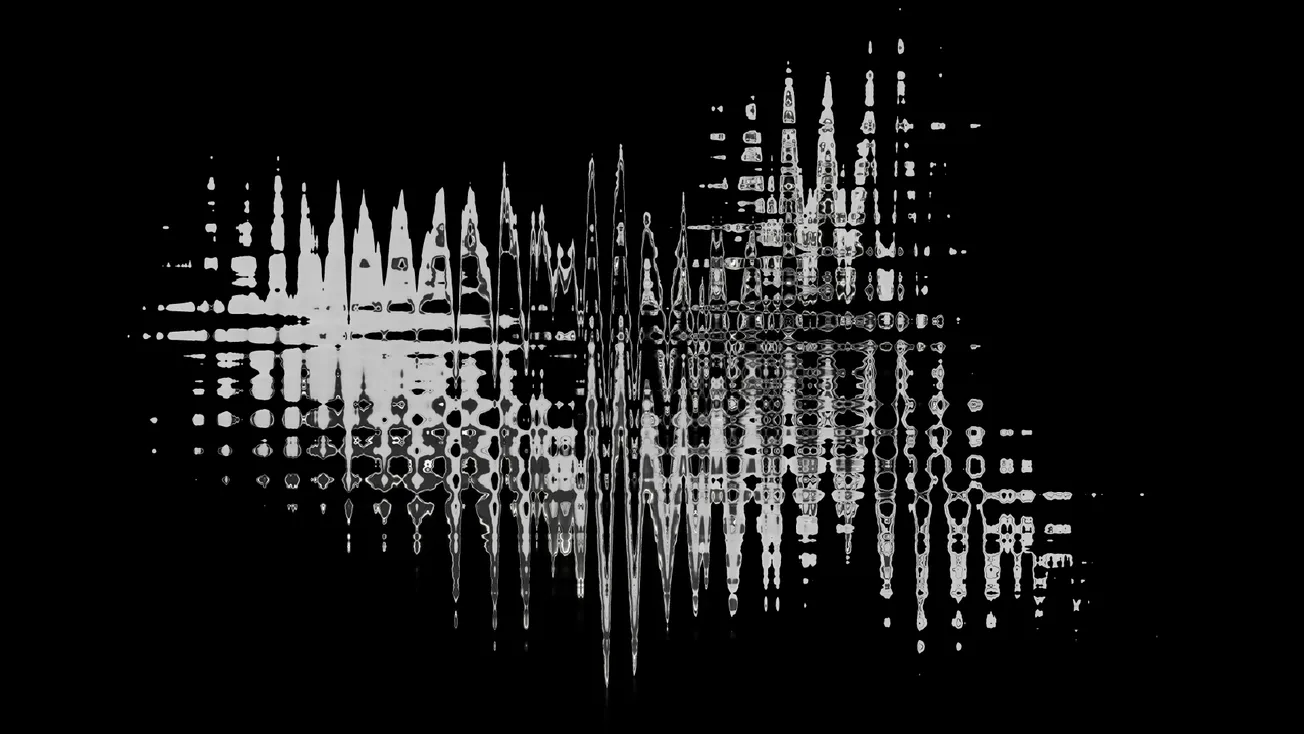 Abstract black and white image resembling a soundwave. Wavy, mirrored patterns with vertical lines and dots create a dynamic, futuristic feel.