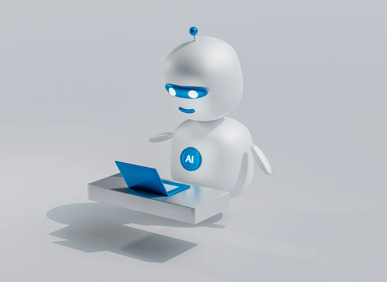 A friendly white robot with blue accents stands, "AI" on its chest. It engages with a blue laptop on a floating desk, set against a light gray background.