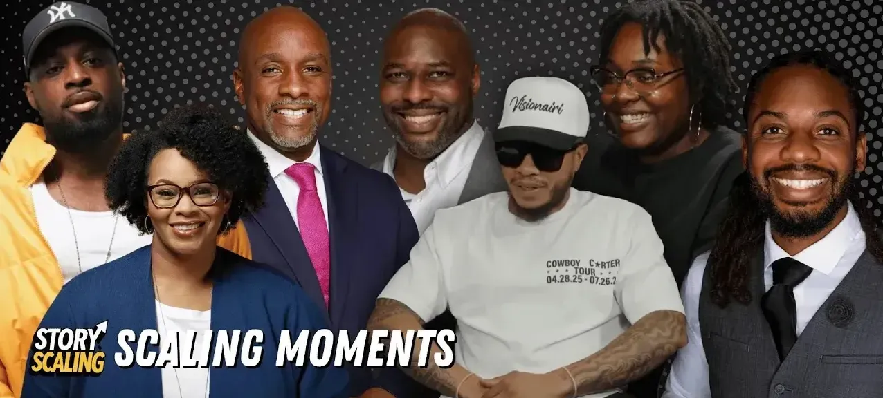 A group of seven individuals are posed together, smiling warmly. Text reads "Story Scaling: Scaling Moments." The tone is inspiring.