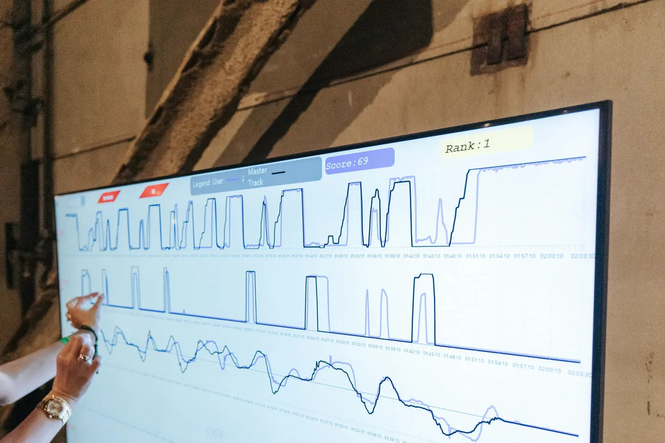A person points at a large screen displaying multiple line graphs with fluctuating data. The screen shows a "Score: 69" and "Rank: 1," suggesting analysis.