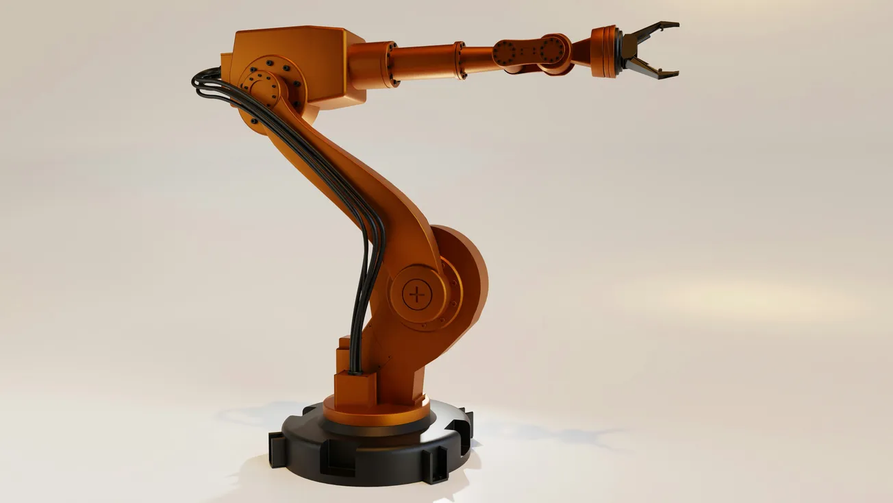 A sleek orange industrial robotic arm with joints and cables extends on a neutral background, conveying a sense of advanced technology and precision.