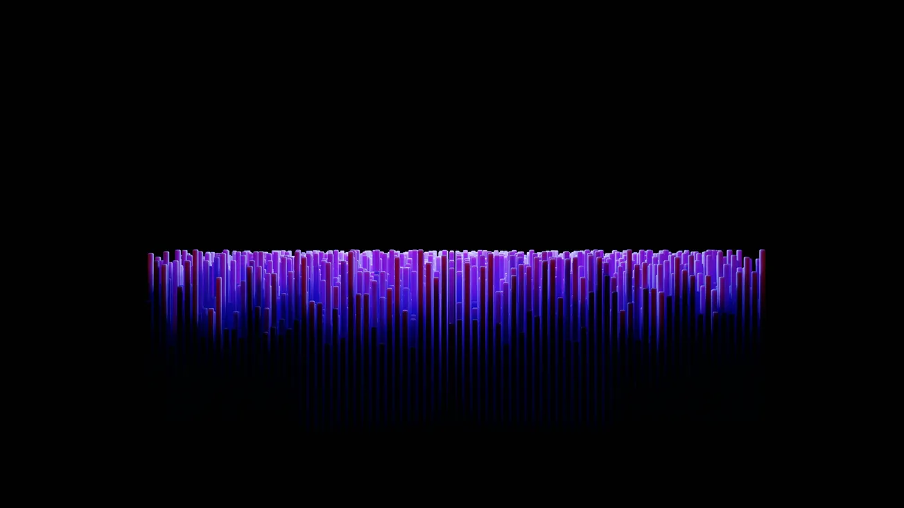 Abstract image of a neon cityscape with vertical purple and blue glowing bars on a black background. The vibrant colors create a futuristic, digital feel.