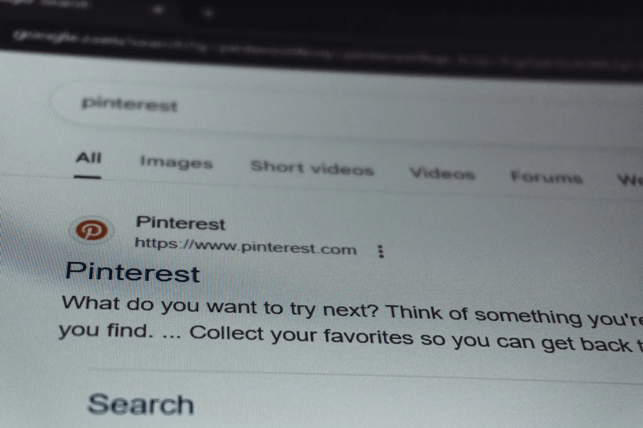 Close-up of a computer screen displaying a Google search result for Pinterest. Text reads, "What do you want to try next?" The tone is curious and engaging.